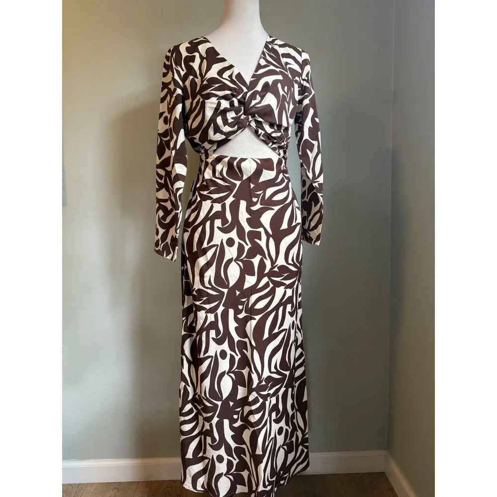 Abercrombie & Fitch Brown Twist  Cutout Open Back Maxi Dress S P Boho whimsi Y2k
